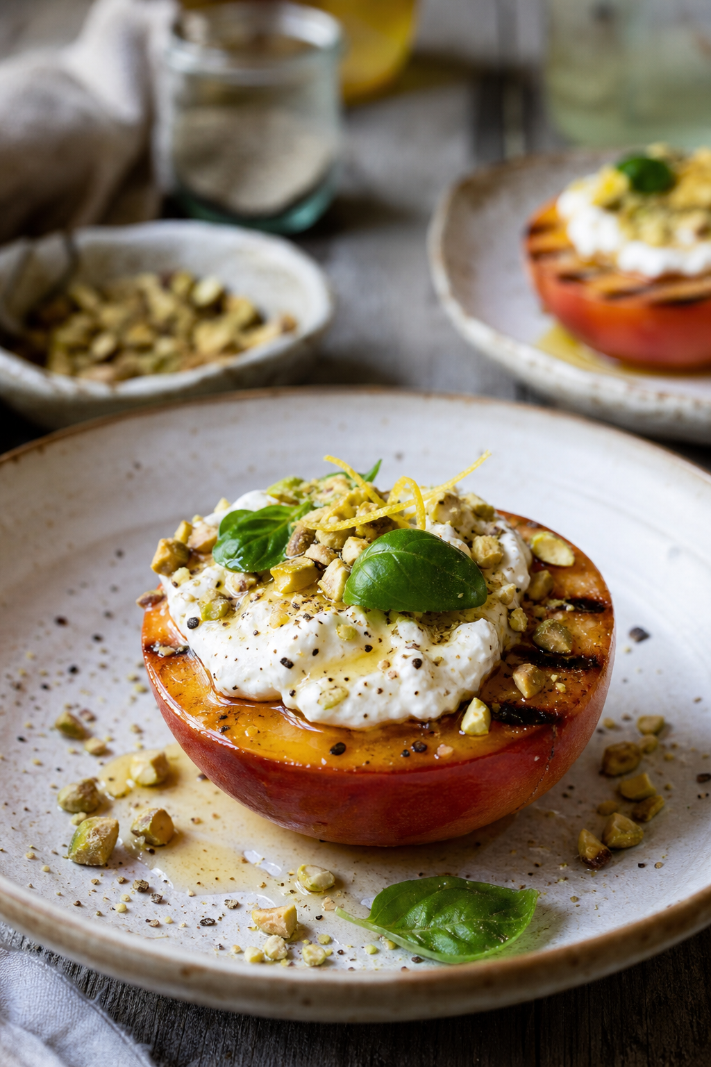 Grilled Peaches with Whipped Feta and Pistachios